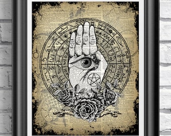 Witchcraft Wiccan Print, Palm and Eye Print, Triangle Pagan Art Work, Mixed Media Book Art, Occult art, Dictionary Book Page, Pentagram