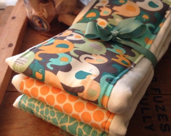 Burp cloths, elephants, aqua and orange, orange and teal, baby shower gift, baby boy