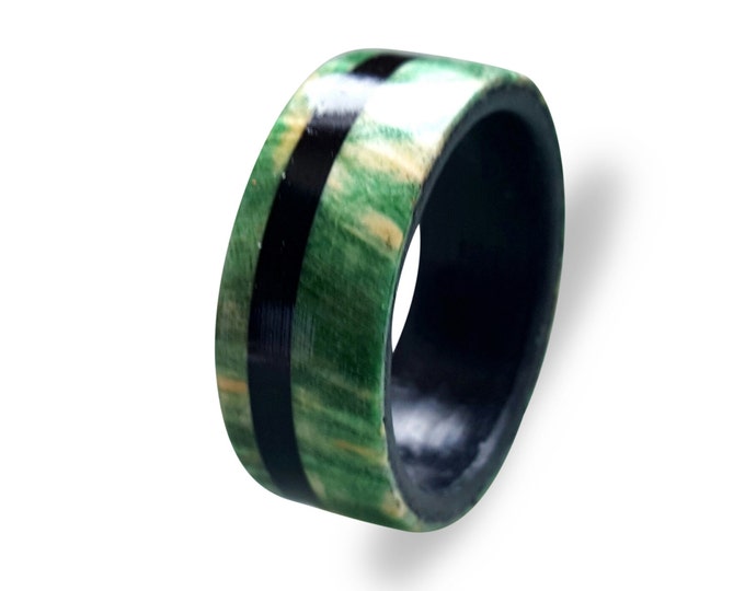 Wooden ring for men made from green box elder burl, inlaid with ebony wood