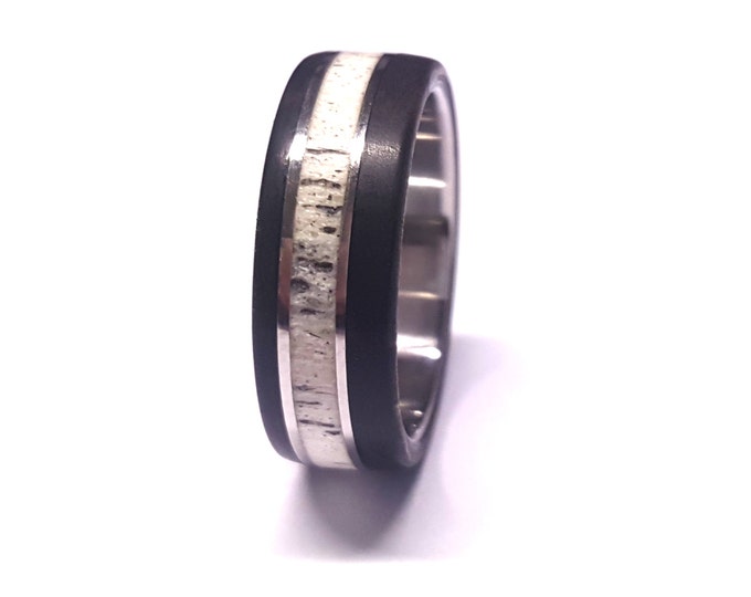 Titanium Ring, Titanium Wedding Band, Deer Antler, Antler Ring, Ebony Wood, Wooden Ring, Off-center Style