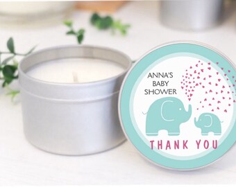 Personalised Baby Shower favours / bomboniere. Soy candle tins. Elephant Design by Mahina