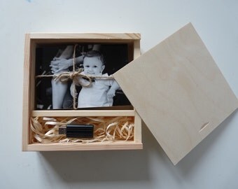 Unfinished wood photo & usb box for 4" x 6" (10x15cm) photos + USB with a sliding lid, unpainted wooden photo usb print box decoupage