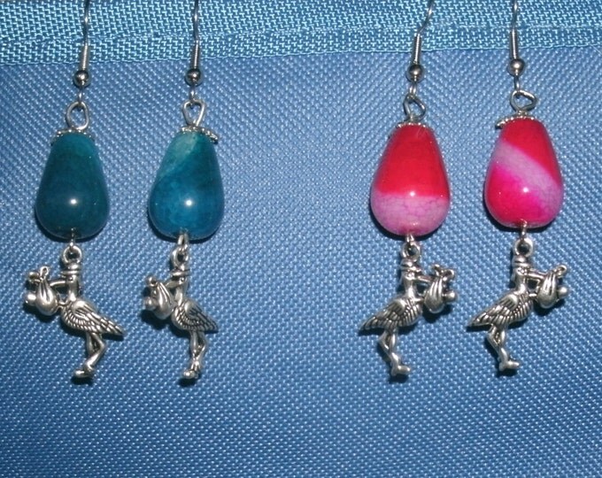 Silver Stork Agate Earrings - stork charms,with pink or blue teardrop agates, expectant mom, new baby, Dragon Vein Agate, baby earrings
