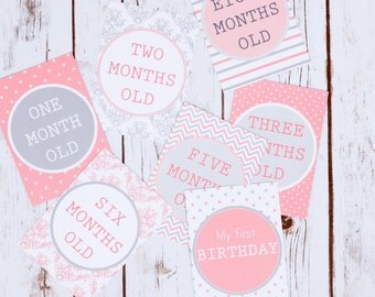 Baby Milestone Cards, Baby Photo Prop, New Baby Gift, Baby Shower, Pink & Grey