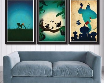 Vintage Disney Poster Set - Jungle Book, Lion King, Aladdin