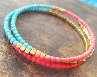 Memory wire bracelet, wrap bracelet, stackable bracelet, firepolish beaded bracelet, neon pink wrap bracelet