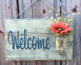 Mason Jar Welcome Sign - Distressed Welcome Sign - Housewarming Gift - Front Door Welcome Sign - Porch Sign - Rustic Front Door Decorations