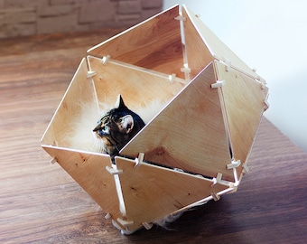 Geobed. Modern wooden icosahedral bed for cats and small dogs.
