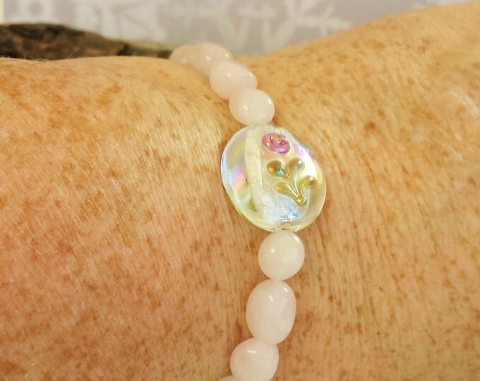 Feminine Love Stone Stretch Bracelet ~ Natural, Tumbled Rose Quartz & Lamp Worked Rose ~ Great Gift Under 20 for Mom, Granddaughter, Friend