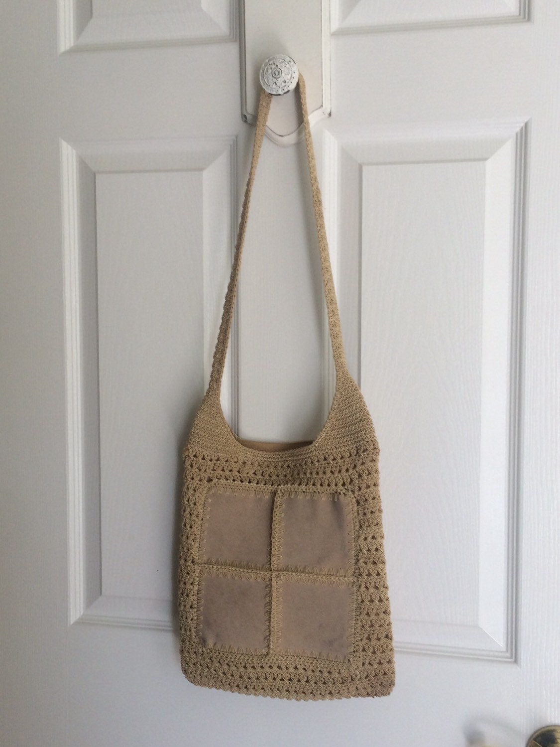 Vintage Crochet Bag Knit Bag Suede Handbag Shoulder Bag