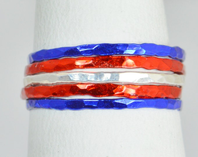 Buffalo Bills Team Color Ring Set, Sterling Silver, Ceramic Color, Sport Inspired, Stacking Ring Set, Red Rings, Dainty Rings, Team