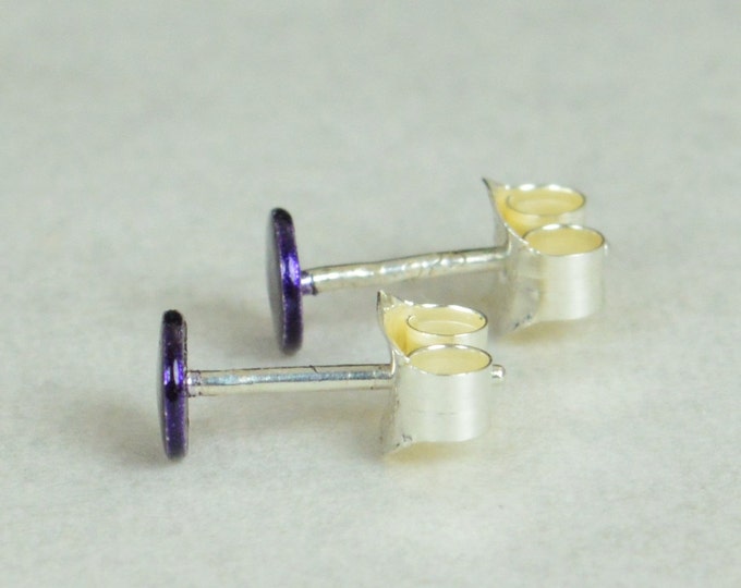 Purple Silver Circle Earrings, Sterling Silver Earrings, Silver Stud Earrings, Simple Silver Earrings, Purple Earrings, Nano Ceramic Earring