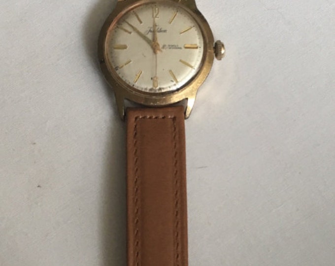 Storewide 25% Off SALE Vintage Gentleman's Mechanical Movement Tradition 17 Jewel Gold Tone Watch Featuring Original Brown Leather Adjustabl