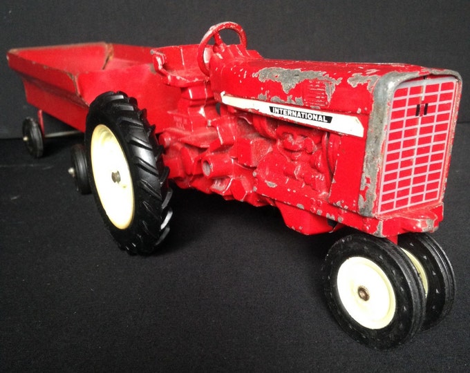 Storewide 25% Off SALE Vintage ERTC Company Cast Red Metal International Farm Tractor & Hitched Grain Trailer Featuring Working Steering Col