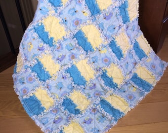 Gender Neutral Baby Rag Quilt, Stroller Rag Quilt, Car Seat Rag Quilt, Birds, Blue and Yellow, Ready to Ship