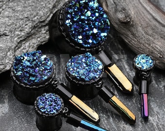 A Pair of Blackline Boho Druzy Crystal Pendulum Ear Gauge Plug