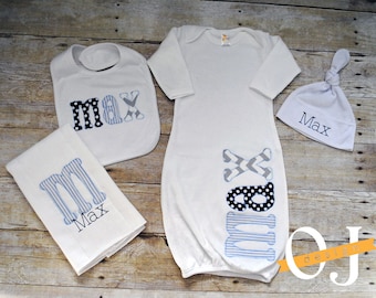 Personalized Baby Boy Gift Set - Newborn Gift Set - Infant Gown - Newborn Hat - Bib - Burp Cloth - Baby Shower - Grey Navy Blue Light Blue