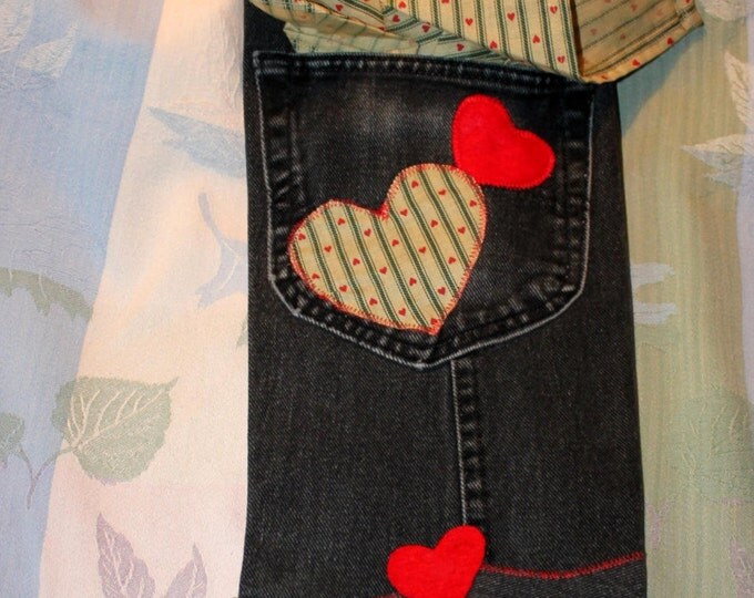 HALF PRICE ** Upcycled Black Denim Gift Bags Two Gift Bags accented with Red Hearts and Green Striped Hearts Bandana in Pocket on front