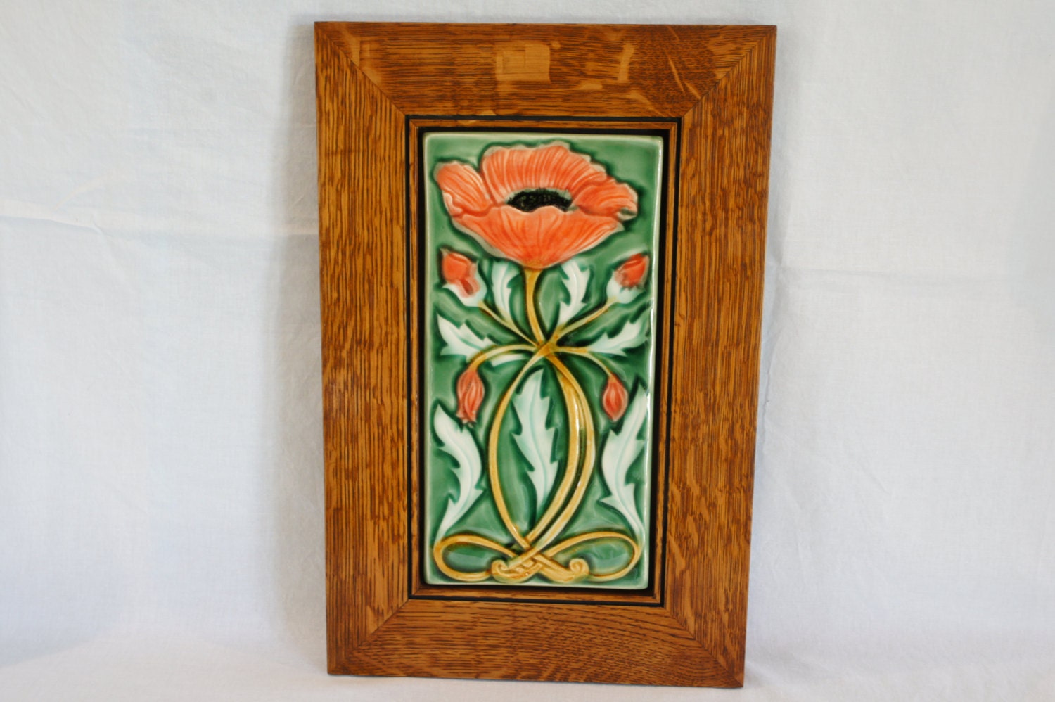 Framed Art Tile Arts & Crafts style Wall Art Poppy Flower