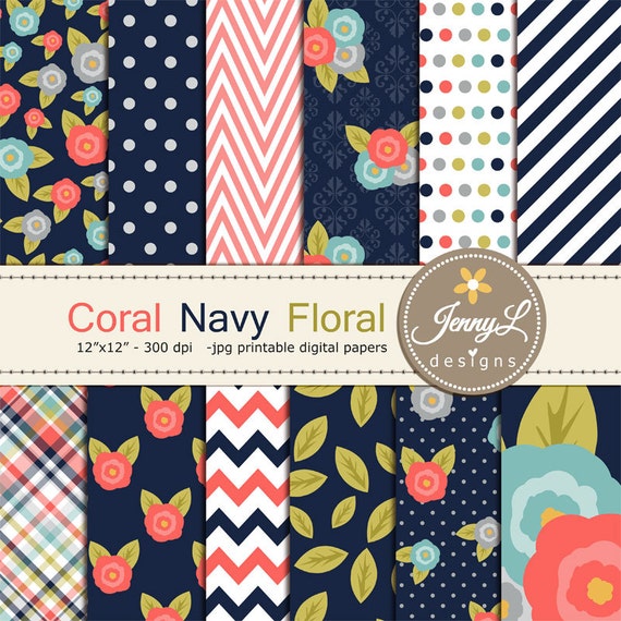 Coral Navy Floral digital paper Coral Flowers for Digital