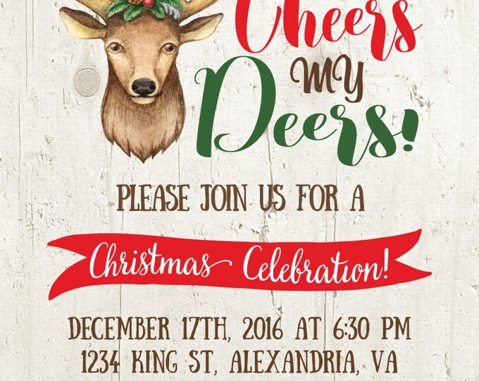 Christmas Invitation, Christmas Invite, Holiday Invitation, Deer invitation. Vintage Christmas invite, Holiday Invite.Rustic Christmas Party