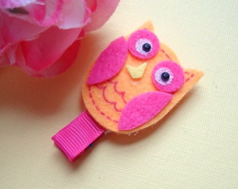 Orange Pink Owl Hair Clip, Clippie, Animal Hair Clip, Felt Hair Clips, Girls, Babies, Fully Lined, Alligator Hair Clips