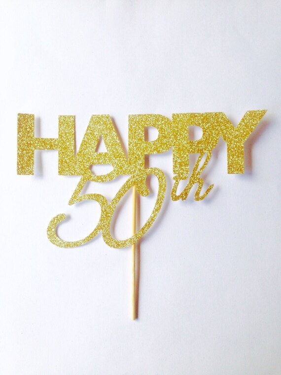 Happy 50th fifty gold glitter birthday script large cake