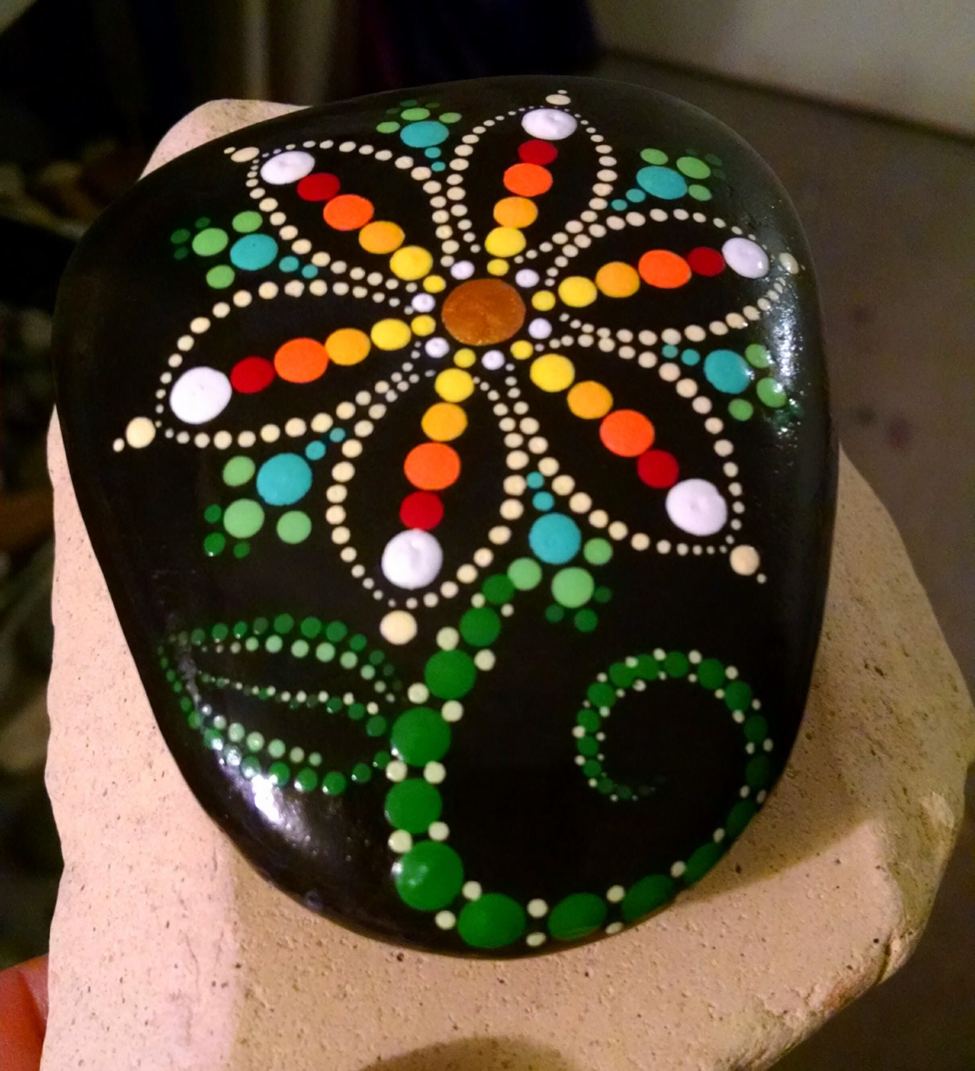 Hand Painted Dot Art Flower Painted Beach Stone Colorful