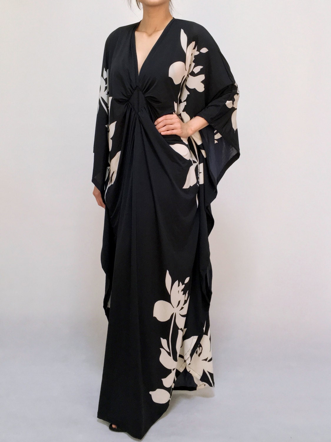 Black Kaftan Plus Size Maxi Dress White Flower Party Dress