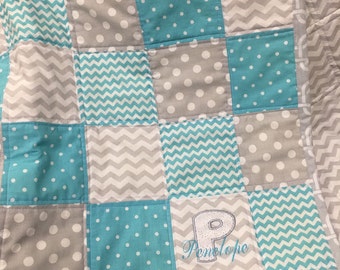 Personalized Baby Quilt, Baby Quilt with name, Aqua, Gray and White Baby Quilt, Embroidered Name Baby Quilt, Aqua Nursery, Nursery Bedding