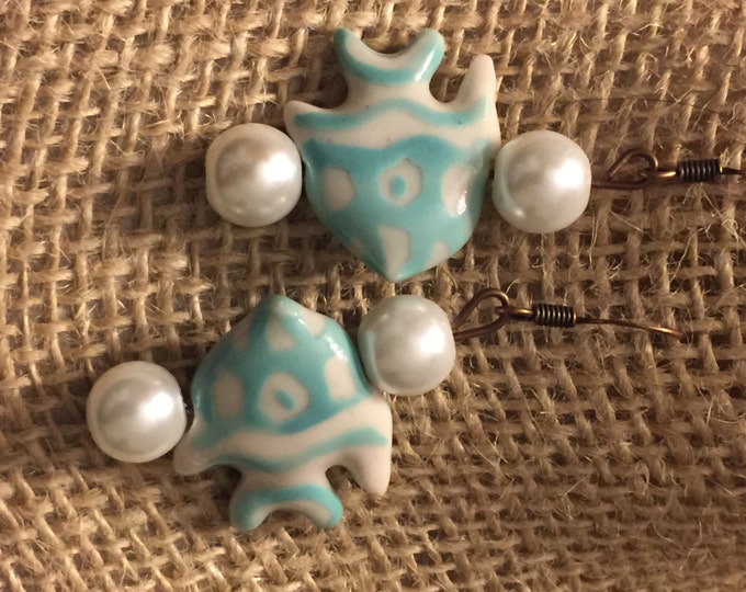 Teal fish earrings