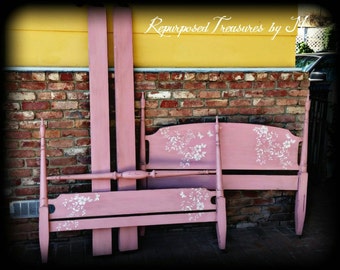 Antique twin bed frame on casters, pink twin bed, stenciled twin bed, antique twin bed, shabby chic twin bed, bed frame, 4 post twin bed