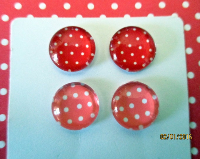 Pink polka dot earrings-red polka dot studs-kids clip on earrings-glass Cabochons-tween gift-kawaii jewelry-nickel free-little girls-childs