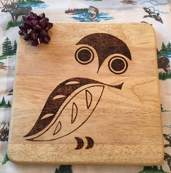 square cutting board wood burned with an owl