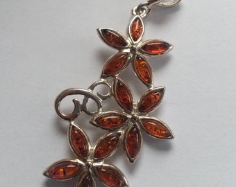 Sterling Silver Baltic Amber Three Flower Pendant