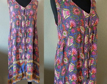 Psychedelic INDIA Floral Paisley Ethnic Print Hippie BOHO Dress Festival Crinkled Fabric S