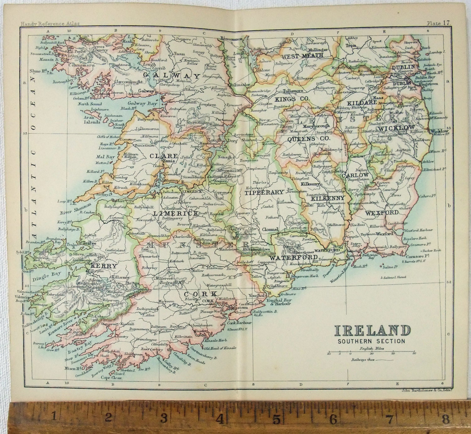 Original 1893 Map of Ireland Southern Section by John