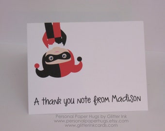 Set of 10 Personalized Superhero Stationery - Villain Note Cards - Harley Quinn - Thank You Cards
