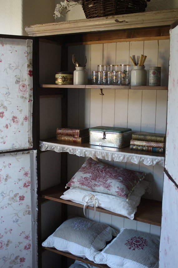 Original Vintage French Linen Cupboard with Fabric Doors and