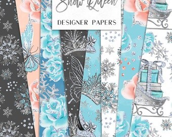 Winter Digital Paper Pack Snow Queen Fashion Sliver Glitter Seamless Pattern | planner stickers, graphics resources, Fabric, Backdrop