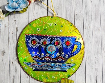 Blue tea cup decor, kitchen decor, housewarming gift, tea time, blue and yellow decor, tea cup wall hanging, hand painted CD, upcycling