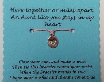 Aunt Wish Bracelet, Keepsake Card, Cord Wish Bracelet, Aunt gift, Charm bracelet, Aunt Card, String Wish Bracelet, Aunt Bracelet, Xmas gift