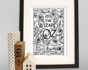 The Wizard of Oz A4 Book Cover Art print, black and white scandinavian print, poppy print, floral print