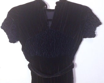 Vintage 1940s dark blue silk velvet dress 40s midi knee length cocktail retro pinup wwii wartime deco ruched belted as is XS S petite