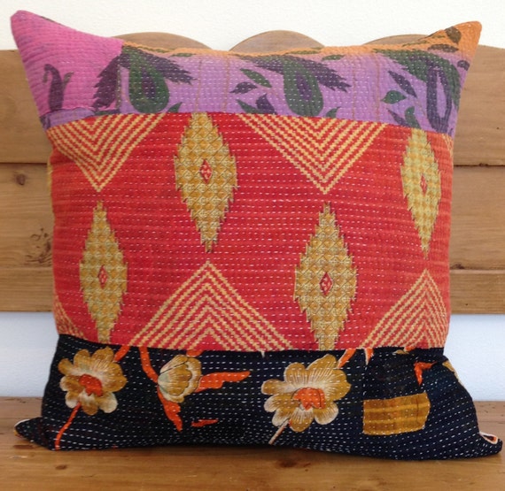 Vintage Indian Handmade Kantha Quilt Pillow Cover 20x20