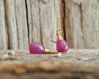 Pink Sapphire Earrings, Natural Pink Sapphire 14K Gold Filled Jewelry, Precious Gemstone Earrings, September Birthstone, Wire Wrap Jewelry