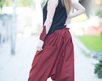 Plus size Clothing for Women, Burgundy Loose Harem Pants Two Sides, Extravagant Drop Crotch Pants, Maxi Trousers by EUGfashion