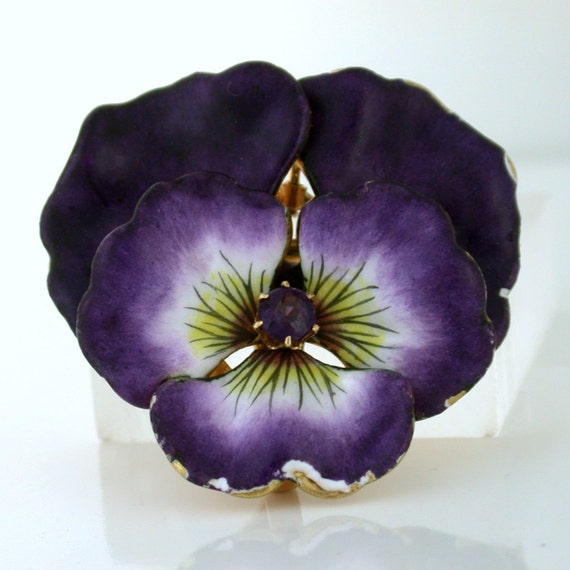 Purple Pansy Enamel over 14k yellow gold with an Amethyst center circa 1890 Art Nouveau can be worn as pin, pendant or as a watch holder!