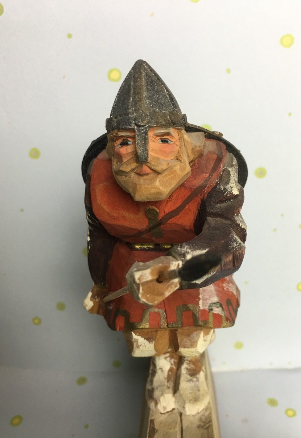 Unique Hand Carved Norway Wooden Viking Figurine on Skis