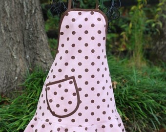 Adult Apron / Pink and Brown Dotted Apron with Brown Trim